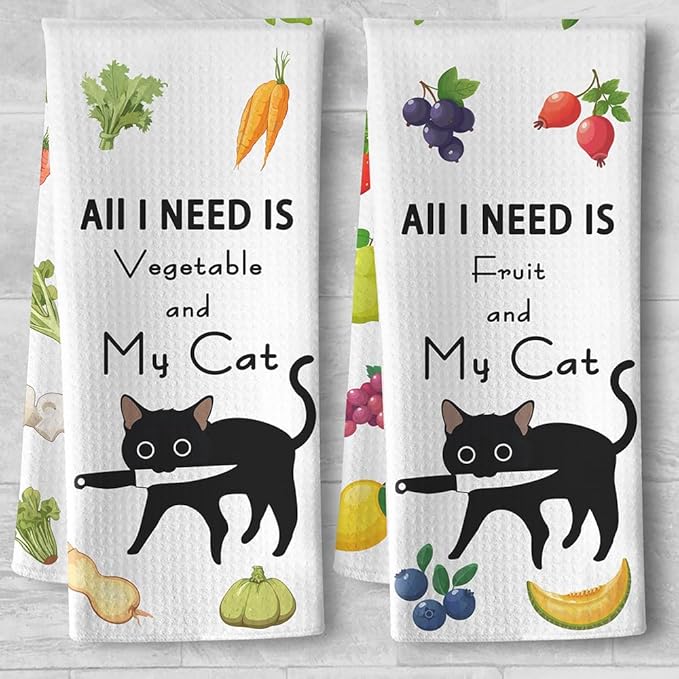2-Pack Whimsical Veggie and Fruit Kitchen Towels Set-Quick-Drying Decorative Dish Towels with 'My Cat & Garden Harvest' Designs,Funny Animal Theme Hand Towels for Cooking,Purrfect Gifts for Cat Ladies
