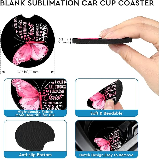 Car Coasters for Cup Holders,2 Pack Pink Butterfly Car Coasters,2.75" Universal Size Anti Slip Rubber Mat,Automotive Cup Holder Decal Decor Accessories,Butterfly Gifts for Women,Men,Mom