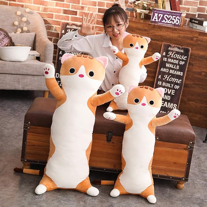 Long Cat Plush Pillow - Cute Kitten Stuffed Animal Body Hugging Toy for Kids, 19.68 Inch (Brown)