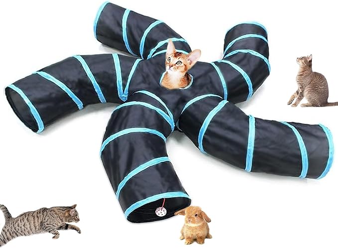 Cat Tunnel Tube Toys，Tunnels for Indoor Cats, 5 Way Blue Collapsible Interactive Toy with Balls for Rabbits, Kittens, Ferrets, Puppy
