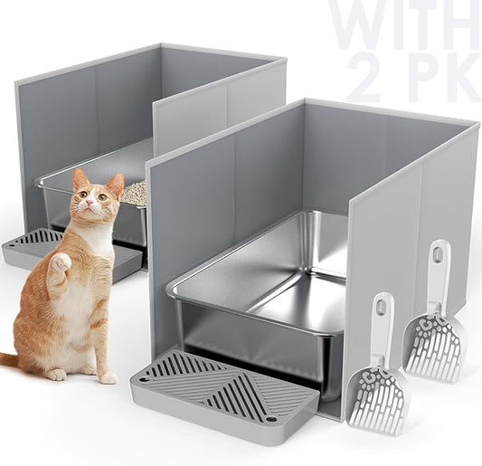 2 Set 23.6" x 15.7" x 6" Stainless Steel Litter Box with Cat Litter Box Enclosure Splash Guard, Metal Litter Box with All-in One High Sided Cat Litter Box Pee Shields, Removable Liiter Mat & Scoop