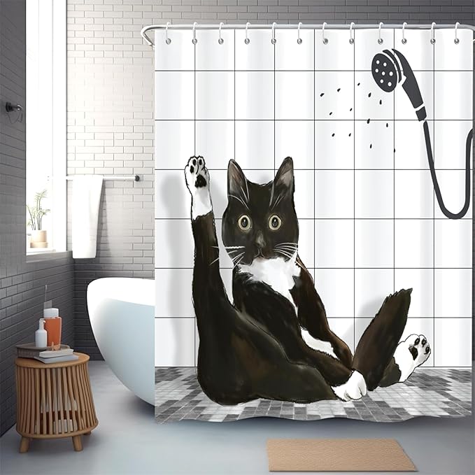Black Cat Shower Curtain, Funny Kitty Cute Animal Plaid Machine Washable Waterproof Durable Fabric for Bathroom Decor Bathtub with 12 Hooks 72x72