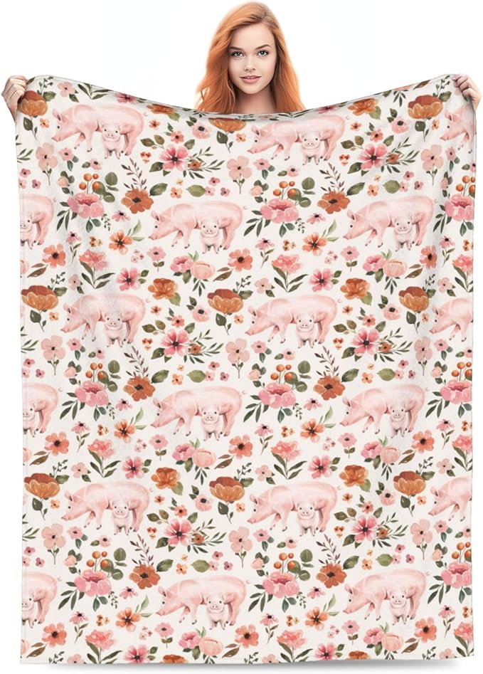 Farmhouse Pig Blanket - Cute Floral Throw, Super Warm Soft Plush Lightweight Fleece Flannel Decor for Couch Sofa Bedding - Gifts for Pig Lovers Women Men Girls Boys - 50"X60"