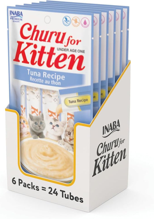 INABA Churu for Kittens, Creamy, Purée Lickable Cat Treats with DHA, EPA, Vitamin E & Taurine, 0.5 Ounces Each, 24 Tubes (4 per Pack), Tuna Recipe