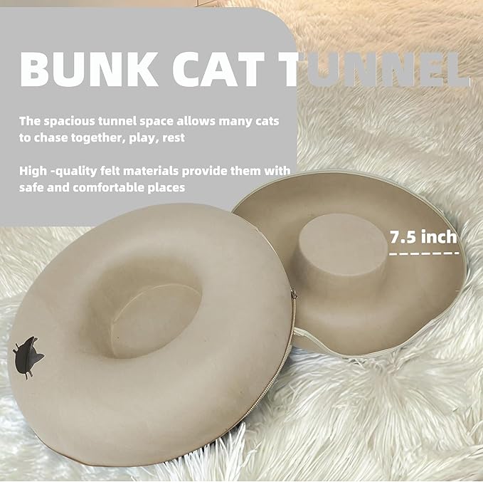 Donut Cat Tunnel Bed Peekaboo Cat Cave for Large Cats Up to 30 Lbs, Kitty Interactive Playing Tent House for Multiple Cats,Detachable,Scratch Resistant (Beige, Large - 24 Inch Diameter)