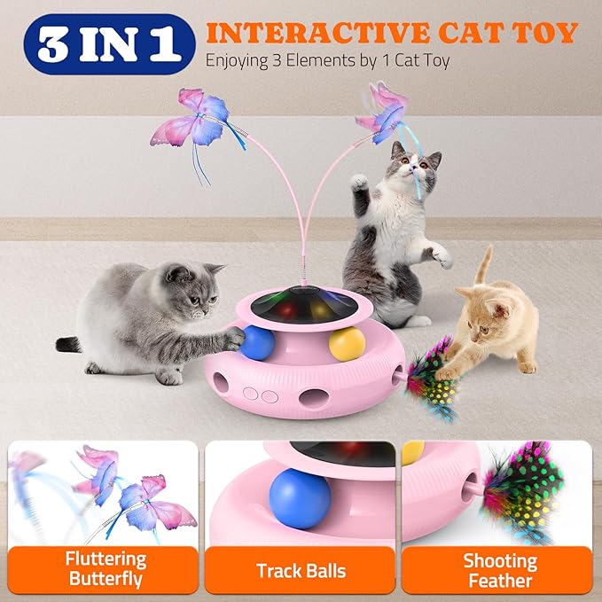 Interactive Cat Toy: 3 in 1 Automatic Cat Toy for Indoor Cats, Electric Kitten Toy with Rechargeable Battery, Self Play Kitty Toy with Rotating Fluttering Butterfly, Track Ball and Ambush Feather,Pink