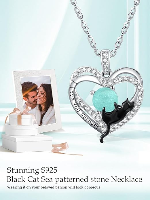 Birthstone Cat Necklaces,925 Sterling Silver Cat Necklace Heart Pendant for Women,Dainty Animal Jewelry for Her,Wedding Anniversary Birthday Gifts for Women Mom Grandma