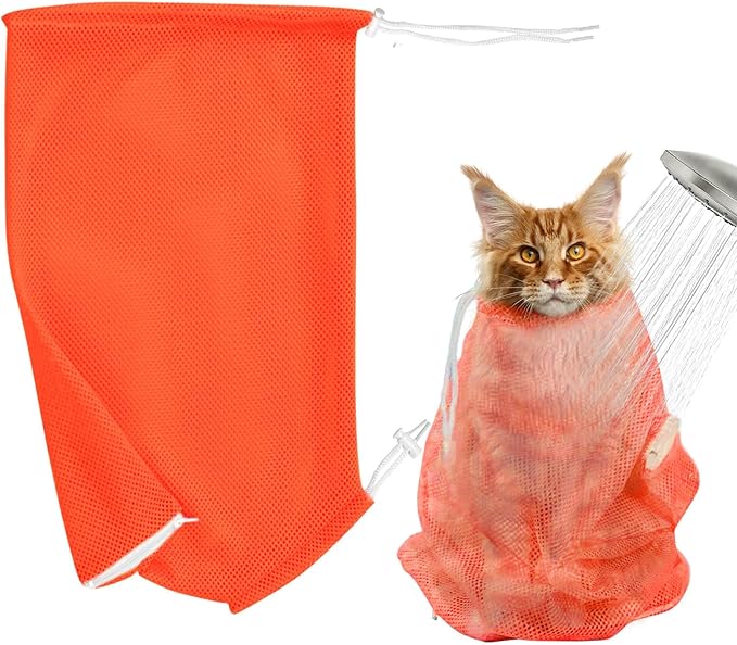 Cat Bathing Bag Anti Scratch and Bite, Cat Shower Bag Soft Mesh Net Bag for Small/Medium/Large Cats Restraint Grooming Nail Trimming Washing - Orange