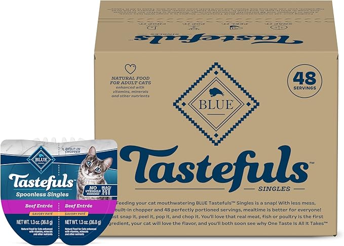 Blue Buffalo Tastefuls Spoonless Singles Natural Wet Cat Food Paté, 2.6-oz Twin-Pack Trays, Beef Entreé (24 Count)