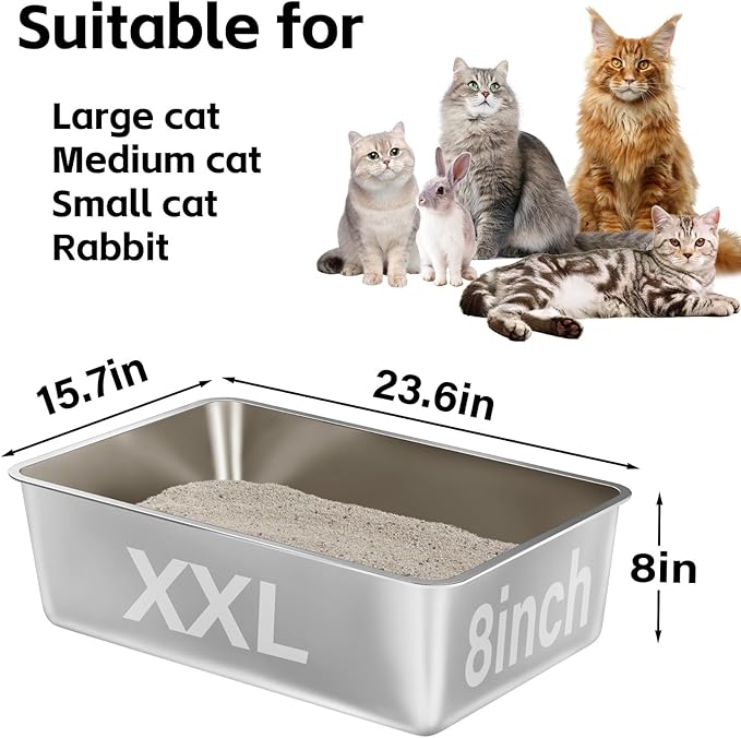 2 Pack Stainless Steel Cat Litter Box,XXL Metal Litter Box for Big Cat 8IN Deep, Metal Pet Toilet Cat Litter Pan Easy to Clean,High Sided Litter Box Adult Cats,Non Stick, No Smell
