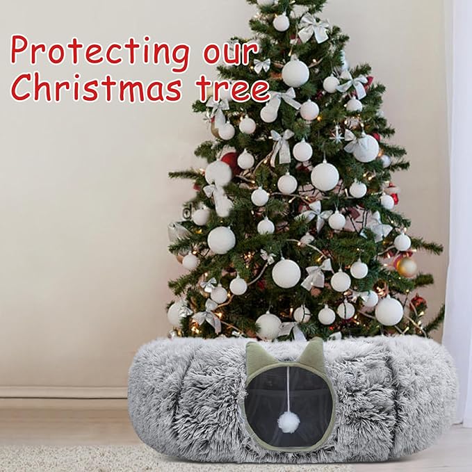 Cat Tunnel Bed for Indoor Cats, Soft Plush Donut Peekaboo Cat Cave, Multifunctional Playground Toy for Small Medium Large Cats, Kittens, Rabbits, Ferrets, with Washable Cushion(Grey)