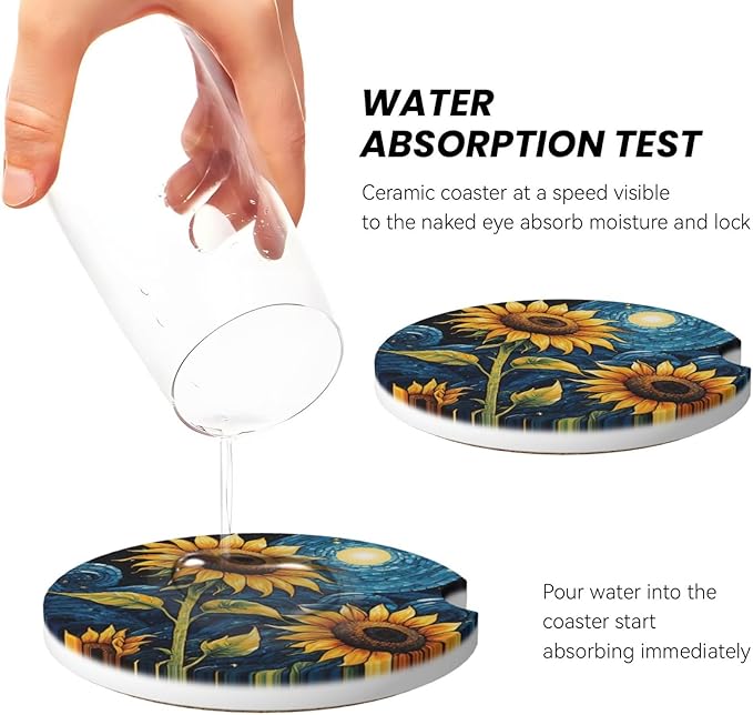 Absorbent Ceramic Car Coasters for Cup Holders, Sunflower Starry Sky Oil Painting Design 2.56" Anti Slip Universal Drink Cup Coasters for Women Men (2 Pack)