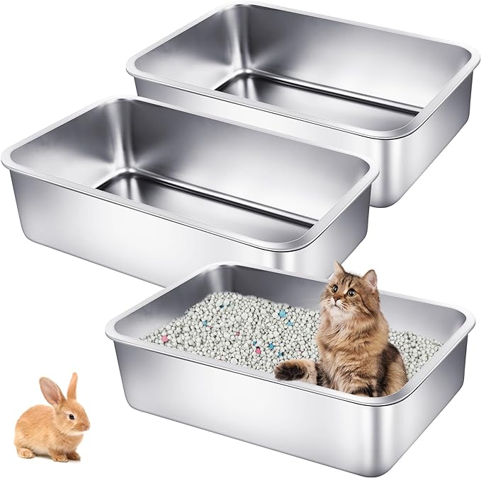 3 Pack Stainless Steel Cat Litter Boxes 19.7" L x 13.8" W x 5.9" H Extra Large Metal Litter Boxes with High Sides Aluminum Cat Litter Pans for Pets No Smell, Non Stick, Easy to Clean (L)