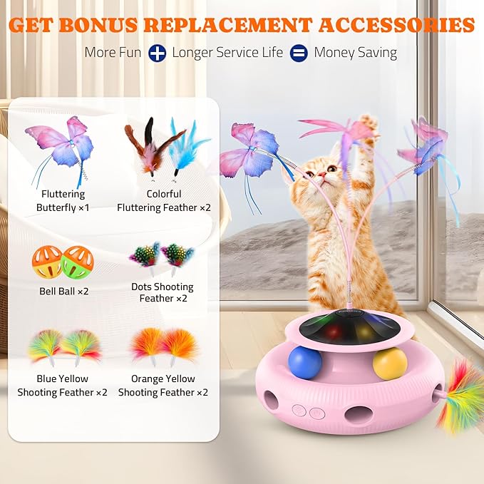 Interactive Cat Toy: 4 in 1 Automatic Cat Toy for Indoor Cats, Electric Kitten Toy with Rechargeable Battery, Self Play Kitty Toy with Fluttering Butterfly, Track Ball and Feather Pack, Pink