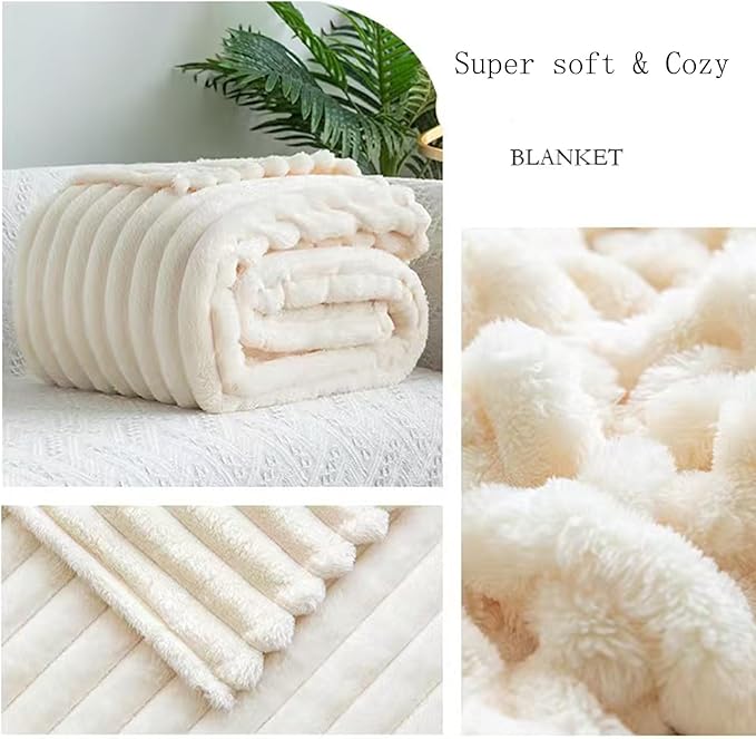 White Fleece Fuzzy Throw Blanket, 3D Fleece Ribbed Jacquard Blanket, Fuzzy Aesthetic Room Decor for Couch Sofa Bed, Gifts for Christmas, Birthdays