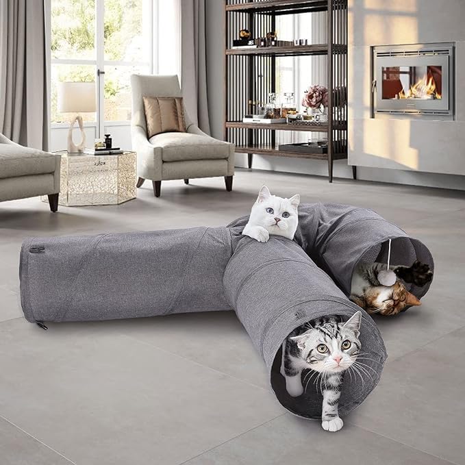 Ownpets Cat Tunnel Large 3 Way Collapsible Cloth Pet Tunnel Tube with Plush Ball & Feather Toy, U-Shaped Cat Play Tunnel for Indoor Cat, Puppy, Kitty, Kitten, Rabbit(Gray)