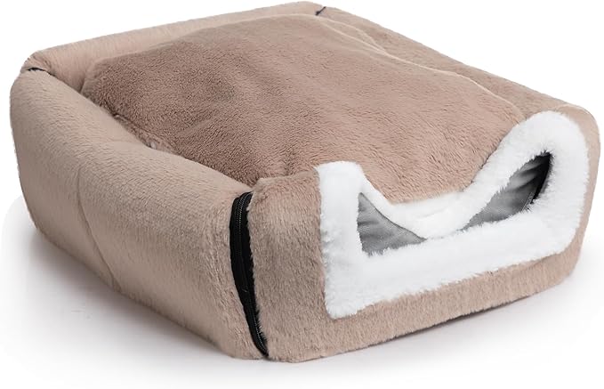 Hollypet Fluffy Cat Bed, 2 in 1 Foldable Cave House Animal Shaped Nest Pet Sleeping Bed, Light Brown