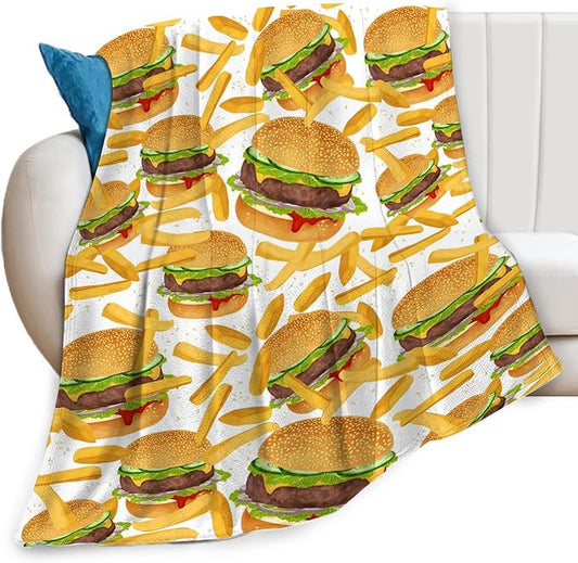 Hamburger French Fries Throw Blanket Burgers Food Funny Cute Meat Print Blankets Gifts Couch Sofa Bed Stuff Decor Soft Cozy Lightweight Fleece Plush Flannel Bedding for Lover Men Women Adults 40"x50"