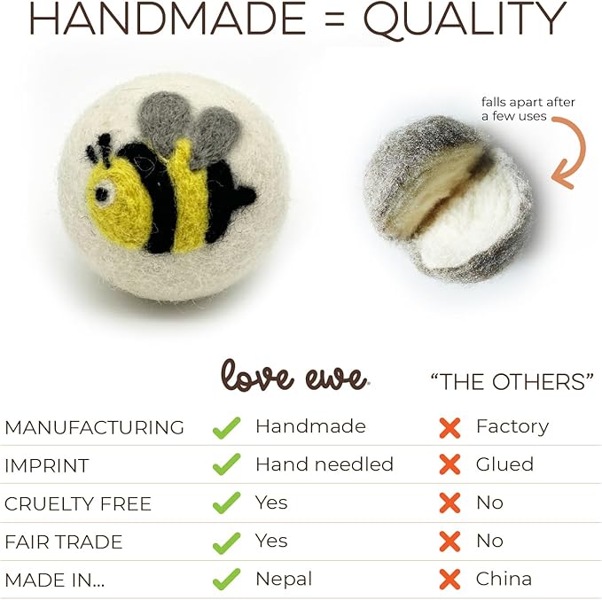 Hustle & Blush Wool Felt Balls 3 Pack Love Ewe Pet Supplies - 2in Felted Wool Cat Toys 100% New Zealand Wool Felt Cat Toys Handmade Wool Felt Balls, Colorful Wool Balls for Cats - Flower and Bee
