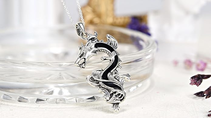 AeraVida Legendary Chinese Dragon Charm Stone Inlaid Accent .925 Sterling Silver Pendant on 18-inch Chain Necklace | Dragon Jewelry Necklace Accessory for Men Women Unisex