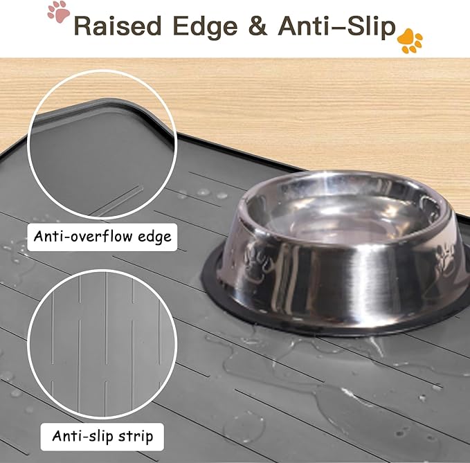 Large Dog Food Mat, Silicone Dog and Cat Mat for Food and Water Bowls, Waterproof Pet Feeding Mat for Contain Spills Protects Floors, Multiple Colors & Sizes for Pets (32"x24", Dark Gray)