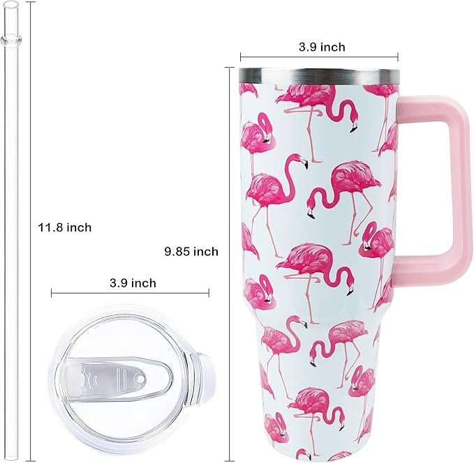 40 oz Tumbler with Handle and Straw, Stainless Steel Insulated Cup with Leak Proof Lid and Straw Lid, Keep Drinks Cold and Hot for Hours(Flamingo)