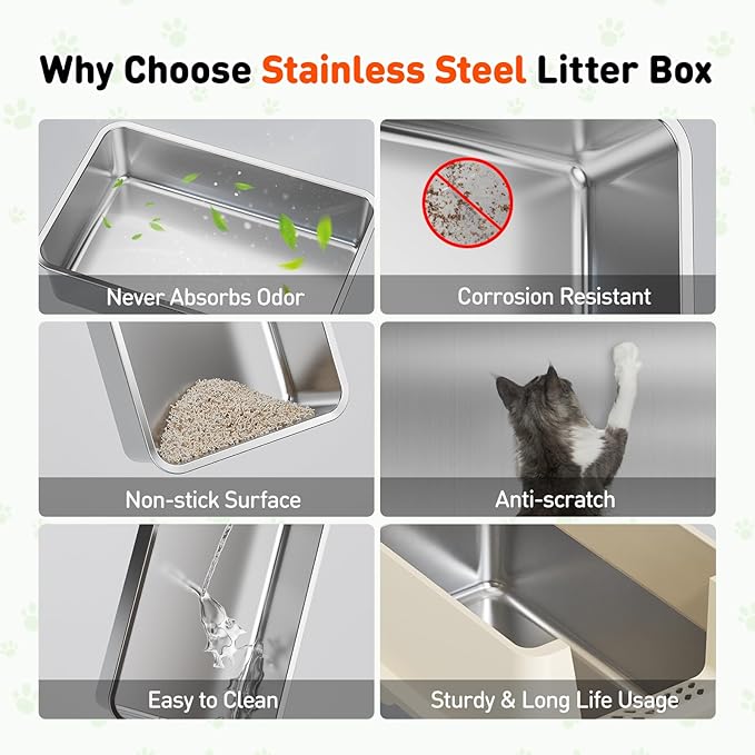 3 in 1 Premium Stainless Steel Cat Litter Box with Removable Lid, Enclosed XL Extra Large High-Sided Metal Box for Big Kitty with Scoop, Top Entry, Odor Control, Anti-Leakage, Non-Sticky & Easy Clean