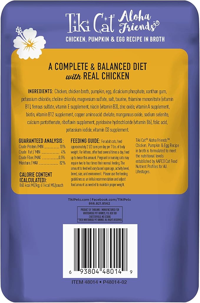 Tiki Cat Aloha Friends, Chicken, Pumpkin & Egg, Grain-Free & High Moisture, Wet Cat Food for All Life Stages 2.5 oz. Pouch (Pack of 12)