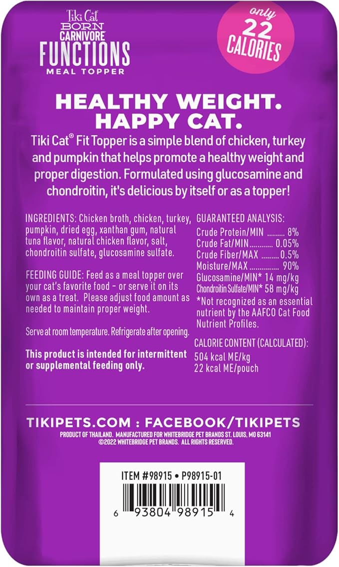 Tiki Cat Born Carnivore Functions Fit, Chicken & Turkey Recipe in Broth, Formulated to Support Optimal Body Condition, Mousse Cat Food Topper, 1.5 oz. Pouch (12 Count)