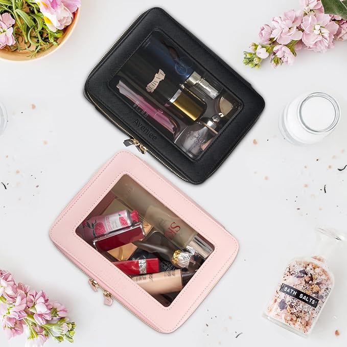 Aveniee Clear Makeup Bag Organizer, Portable Travel Toiletry Cosmetic Bag Case for Women, Heavy Duty Make Up Pouch with Transparent Vinyl Windows & Gold Zippers(Black)