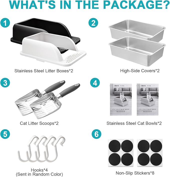 2 Pack Stainless Steel Cat Litter Box with Lid, Enclosed Sides Extra Large Matel Litter Box for Big Cats, XL Steel Litter Pan for Multiple Cats with Cat Litter Scoop, Easy Cleaning