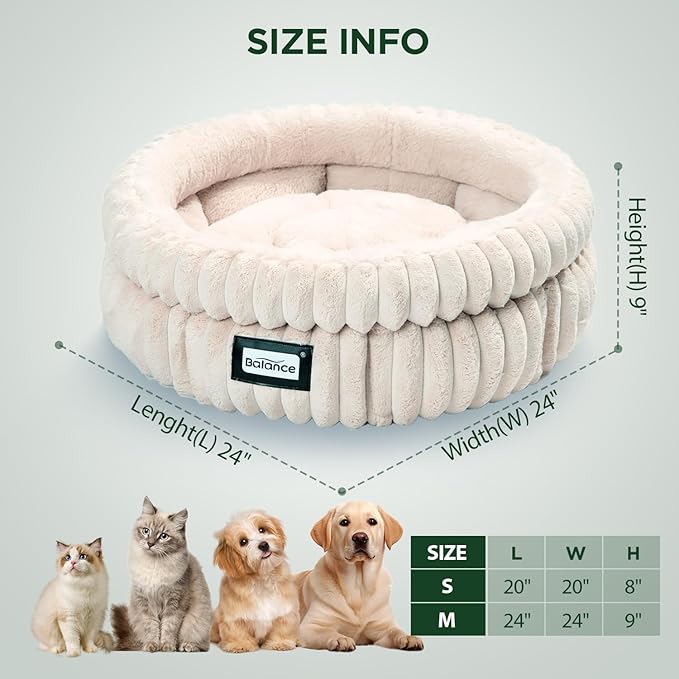 BALANCE Cat Bed Kitten Bed, Washable Round Cat Beds for Indoor Cats,Super Soft Plush Faux Fur Pet Bed for Puppy and Kitten with Anti-Slip Bottom