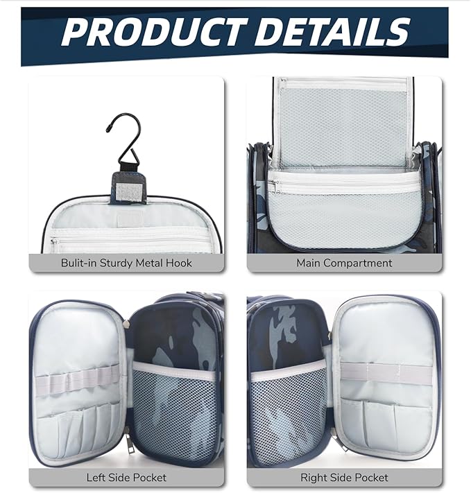 Buruis Large Capacity Toiletry Bag for Women and Men, Hanging Toiletry Organizer Cosmetics Makeup Bag, Water-resistant Dopp Kit Shaving Bags for Full Sized Toiletries, Travel Essentials (Camo Blue)
