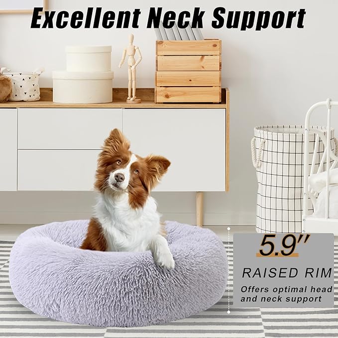 Calming Dog Bed, Dog Beds Fits up to 80 lbs Pets, Fluffy Donut Dog & Cat Bed Washable, Round Anti Anxiety Dog Bed, Small Dog Bed with Non-Slip Bottom (Light Grey, 36" x 36")