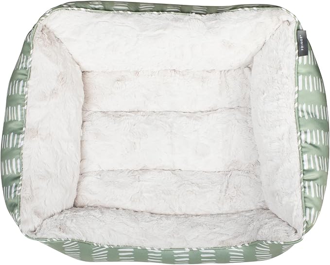 Fringe Studio "Painted Dash Cool Olive Medium Rectangular Cuddler Pet Bed 25" X 21"- Poly Filled with Faux Fur Interior - Machine Washable