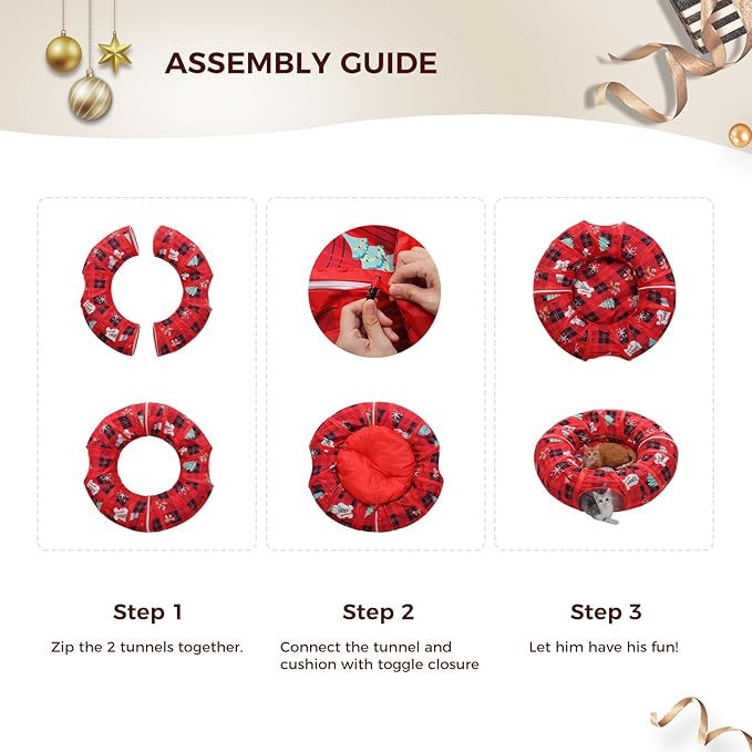 PAWZ Road Cat Tunnel, Red Cat Donut Tunnel Collapsible Cat Tunnel Tube Dia-38 inches with Soft Mat for Indoor Cats, Rabbits and Puppies, Red