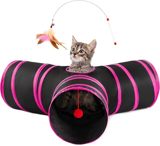 Love's cabin Cat Tunnel Tube Cat Toys 3 Way Collapsible, Cat Tunnels for Indoor Cats，Kitten Tunnel Bored Pet Cat Play Tunnel with Peek Hole Toy Ball for Cat, Kitty, Kitten, Rabbit, Puppy Red