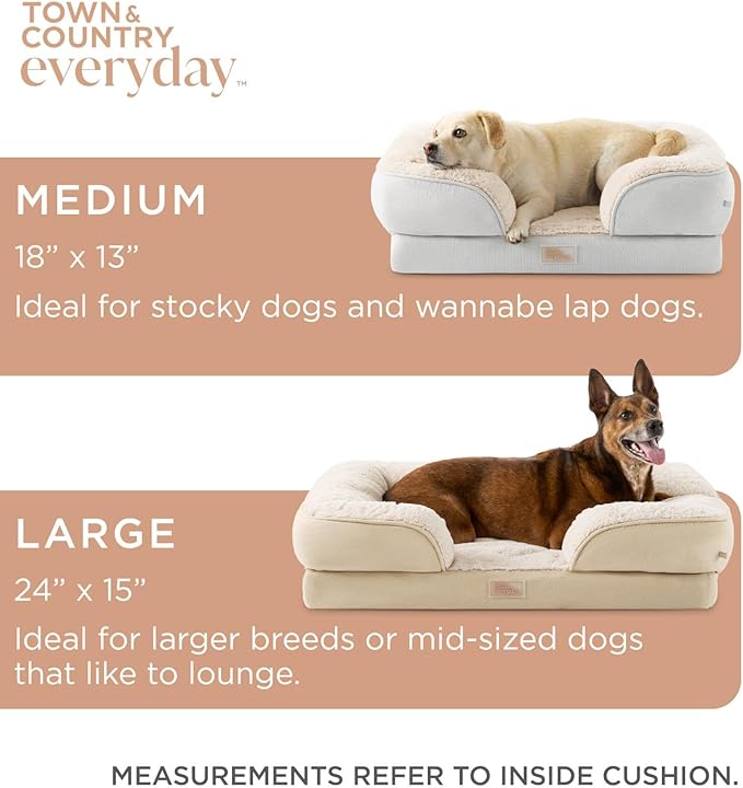 TOWN & COUNTRY EVERYDAY CuddleTown Comfy Solid Bolster Sofa Pet Bed, Supportive & Calming Egg Crate Foam, Water Repellent, Non-Slip Bottom, Machine Washable Cover, Cream, Large 35"x25"x8"