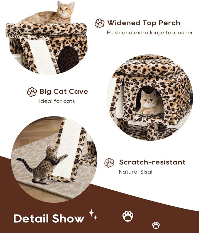 SYANDLVY Small Leopard Print Cat Tree with Perch for Indoor Cats, Cat Tower with Scratching Post, Modern Activity House for Large Cats, Condo with Board, Kittens Cave