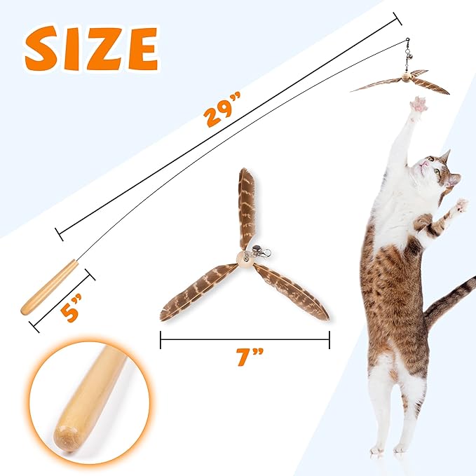 JXFUKAL Cat Wand Toys, Interactive Cat Toys with 3 Feather Refills, 29'' Flexible Steel Wire, Sturdy Wood Handle & Bell for Kitty Kitten, Cat Toys for Indoor Cats Cat Teaser Cat String Toy