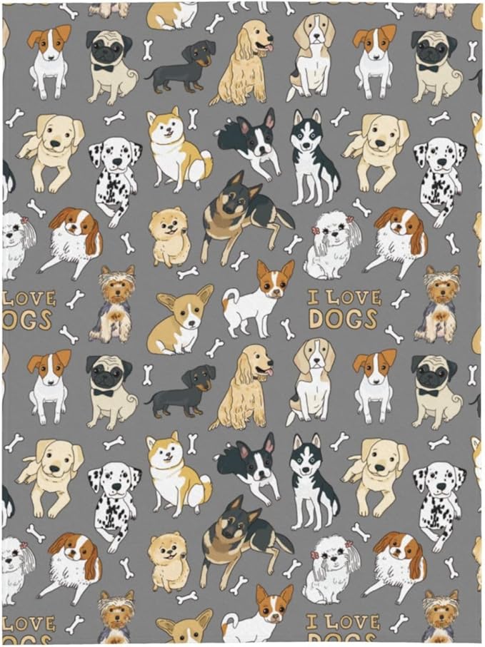 Cute Dogs Puppies Print Blanket Throw 80"x60", Plush Flannel Blankets with Dogs on It, Gifts for Kids Adults Dog Lovers People