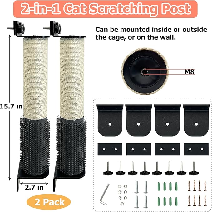 Cat Scratching Post Wall Mounted 2 Pack Cage Mount Cat Scratcher 2-in-1 Natural Sisal Kitty Scratch Posts with Self Groomer Massager for Scratch and Climbing 15.7x2.7in (White)