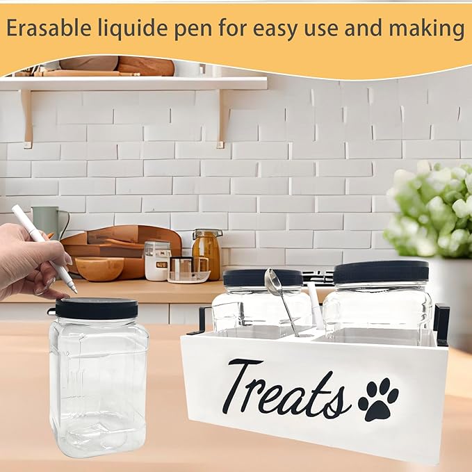 Dog Treat Container Food Storage - with 2 Plastic Treat Jars Pet Cat Food Containers Airtight Organizer Dog Treat Holder Farmhouse Decor Gift for Pet (White)