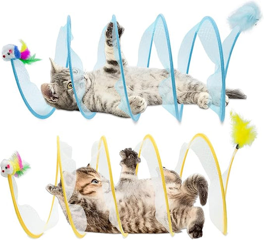 2 Packs Cats Tunnel Toys, Folded Cats Tunnels for Indoor Cats Tubes Played Tunnel Spring, Collapsible Pet Bed, Interactive Toy with Toys Feather Mouse for Kitten Yellow, Blue