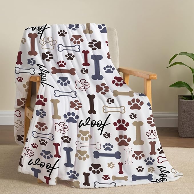 Tupmnbry Dog Throw Blanket Dog Paw Bones Print Blanket Super Soft Flannel Fleece Blanket Lightweight Fluffy Plush Bed Blankets for Bedding Sofa and Travel 50"X60"