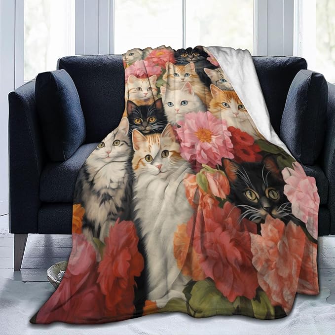 Cute Cat Blanket Gifts for Cat Lovers Grils Women Kitten Floar Flannel Throw Blankets for Home Couch Bed Sofa Soft Fuzzy Lightweight Decor All Season 50x40 Inches