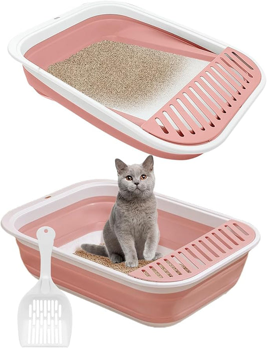 BNOSDM Foldable Small Cat Litter Box for Kittens Open Potty Pan Collapsible Cat Toilet with Scoop Senior Kitty Travel Shallow Litters Boxes Anti-Splash Waterproof for Small-Sized Cats Pink
