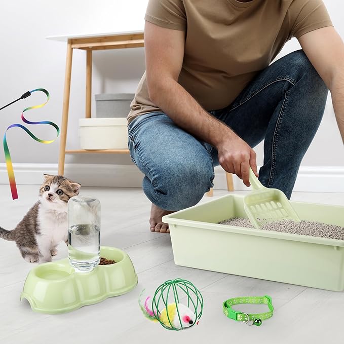 7 Pcs Small Cat Kitten Starter Kit Cat Litter Box with Shovel Cat Paw Litter Mat Double Automatic Cat Bowls Cat Toy Teaser Stick Cat Collar Essentials Kits for 1-3 Lbs Beginner (Green,Simple)