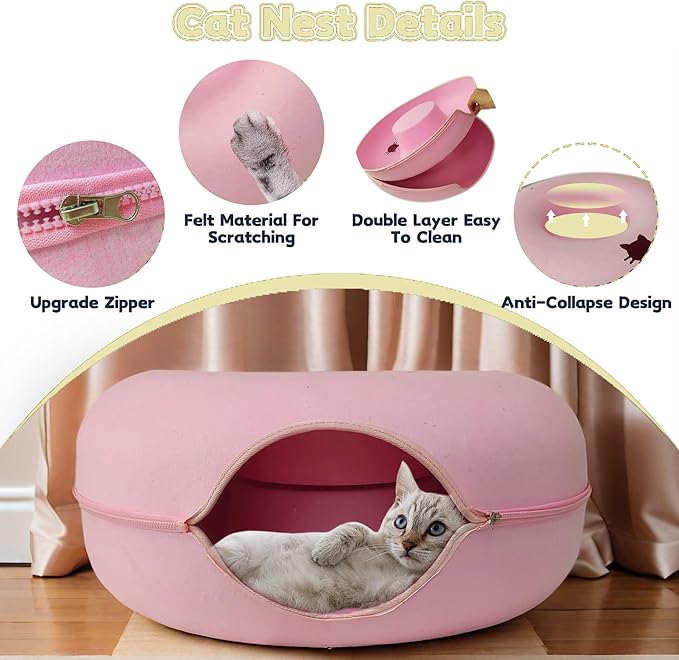 Donut Cat Tunnel Bed Peekaboo Cat Cave for Large Cats Up to 30 Lbs, Kitty Interactive Playing Tent House for Multiple Cats,Detachable,Scratch Resistant (Pink, Large - 24 Inch Diameter)