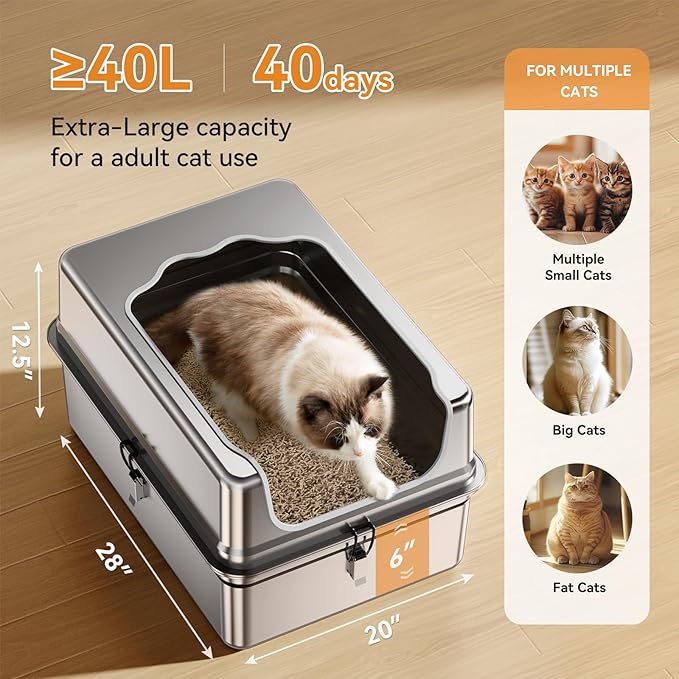 All-Metal Extra Large 28" x 20" Litter Box Pan for Big Cats Maine Ragdoll Metal Large Enclosed Stainless Steel Litterbox with Metal Lid + Litter Scoop, Non-Sticky, Anti-Leakage, Easy Cleaning